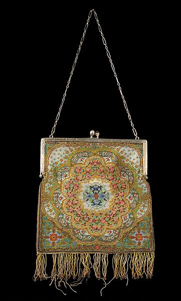 Evening bag, Glass, linen, metal, silk, probably French 