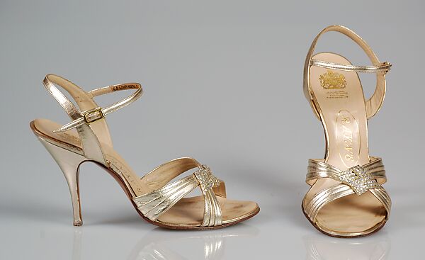 Evening sandals, Rayne (British, 1886–1993), Leather, rhinestones, British 