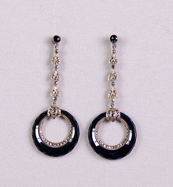Earrings, Metal, glass, mineral, American 