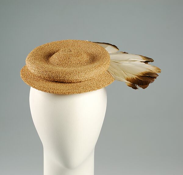 Hat, Sally Victor (American, 1905–1977), Straw (possibly sisal), feathers, American 