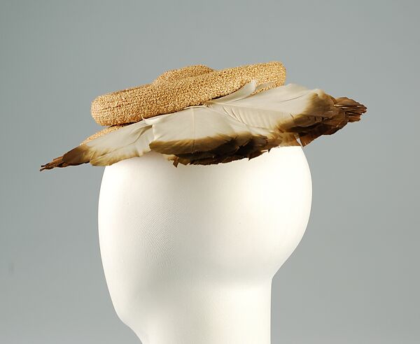 Hat, Sally Victor (American, 1905–1977), Straw (possibly sisal), feathers, American