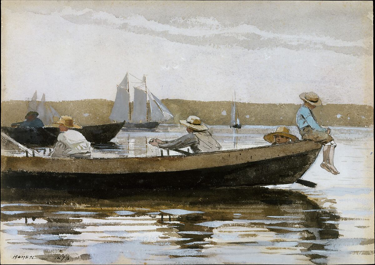 Boys in a Dory, Winslow Homer (American, Boston, Massachusetts 1836–1910 Prouts Neck, Maine), Watercolor washes and gouache over graphite underdrawing on medium rough textured white wove paper, American 