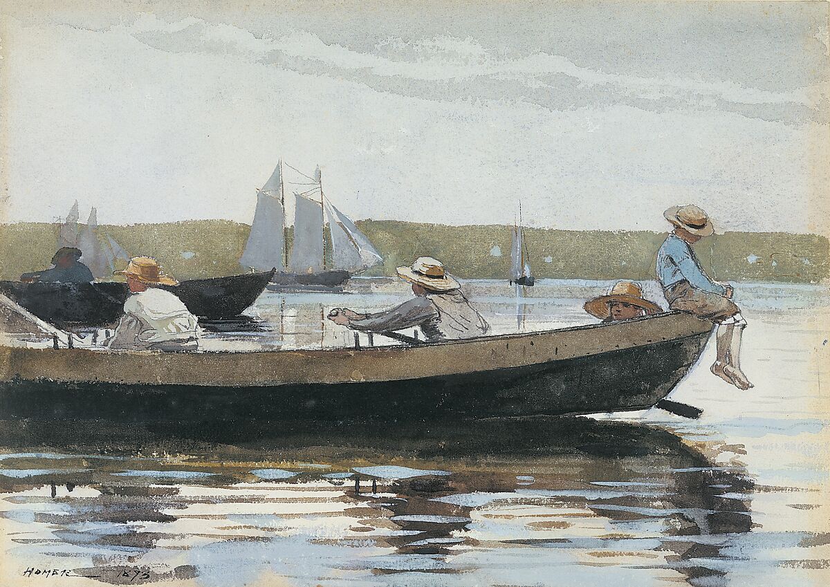 Boys in a Dory, Winslow Homer (American, Boston, Massachusetts 1836–1910 Prouts Neck, Maine), Watercolor washes and gouache over graphite underdrawing on medium rough textured white wove paper, American