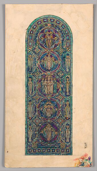 Design for "Angels of Praise" window, Louis C. Tiffany (American, New York 1848–1933 New York), Watercolor, gouache, and ink on paper mounted on board in original matt, American 