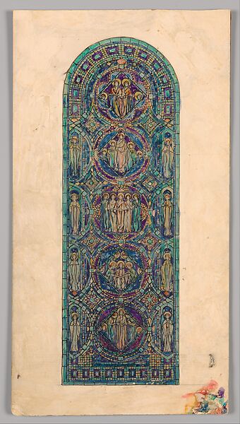 Design for "Angels of Praise" medallion window for Mr. Frederick C. Durant, Philadelphia, Pennsylvania, Louis C. Tiffany (American, New York 1848–1933 New York), Watercolor, gouache, and ink on paper mounted on board removed from original matt, American 