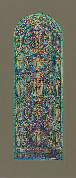 Design for "Angels of Praise" medallion window for Mr. Frederick C. Durant, Philadelphia, Pennsylvania, Louis C. Tiffany (American, New York 1848–1933 New York), Watercolor, gouache, and ink on paper mounted on board removed from original matt, American