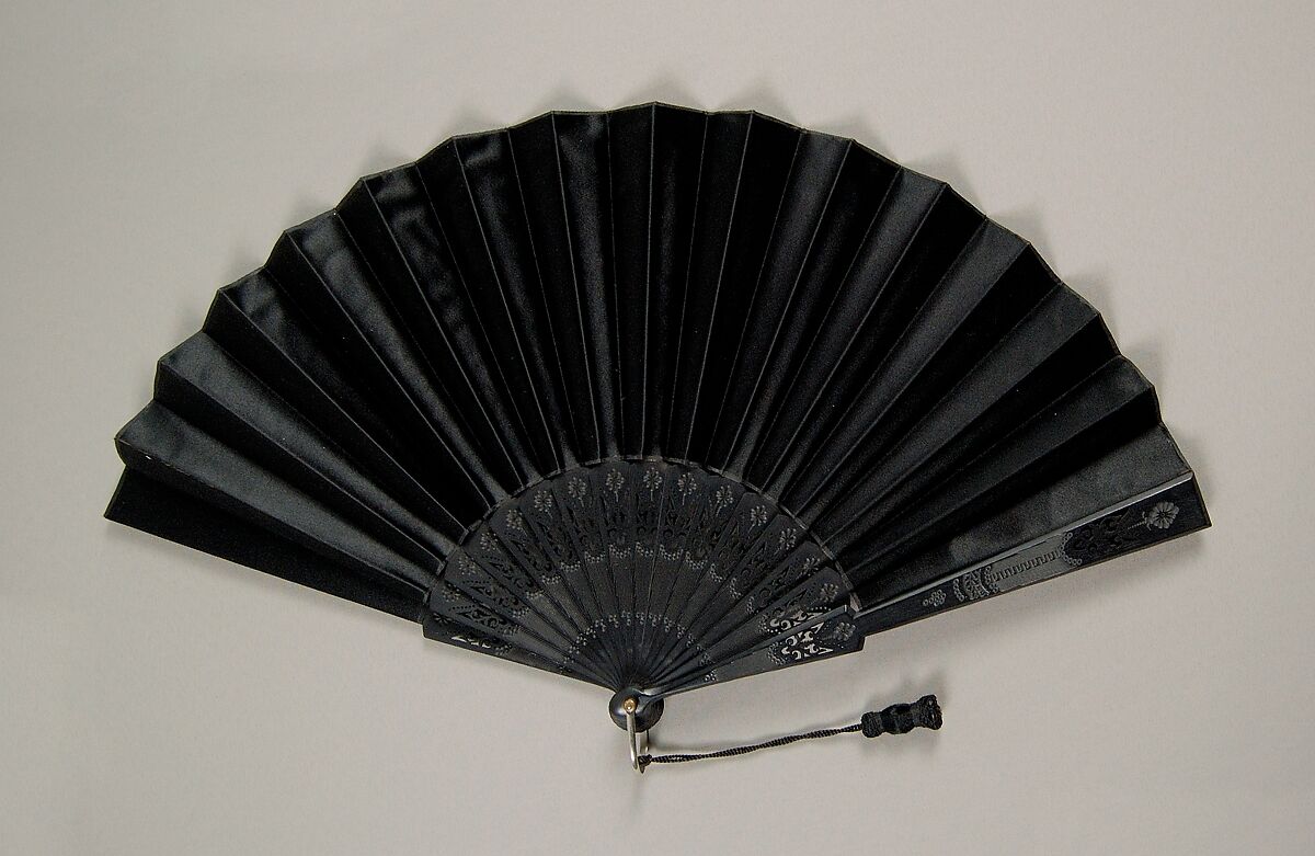 Mourning fan, wood, silk, plastic, metal, American 