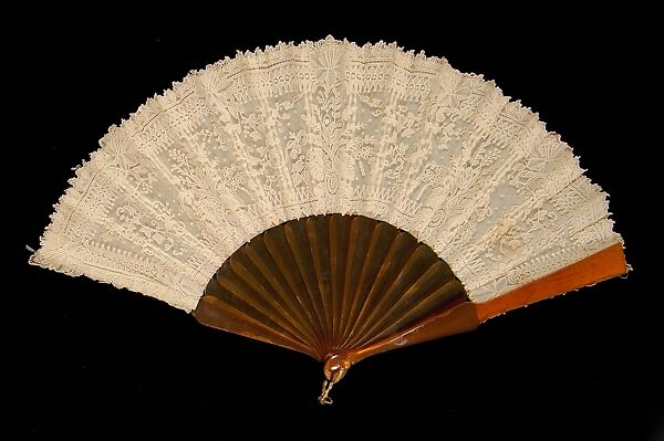 Fan, Amber, ivory, silk, linen, metal, Belgian 