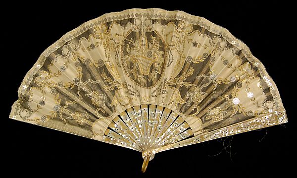 Fan, Mother-of-pearl, silk, metallic, sequins, metal, French 