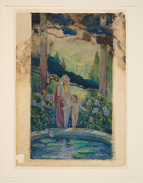 Design for a Window with Figures Standing Near a Pool, Possibly by Louis C. Tiffany (American, New York 1848–1933 New York), Transparent and opaque watercolor, and graphite on translucent paper mounted on paper, American