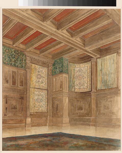 Design for an interior, Louis C. Tiffany (American, New York 1848–1933 New York), Watercolor, colored inks, and graphite on off-white wove paper mounted overall to an artist board, American 