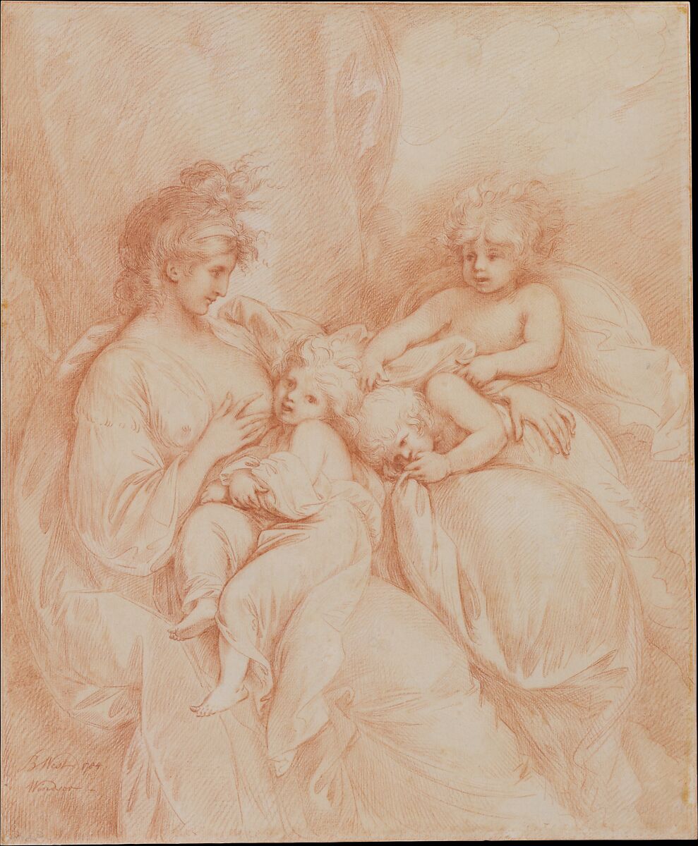 Maternity, Benjamin West (American, Swarthmore, Pennsylvania 1738–1820 London), Red chalk on thin off-white laid paper, mounted on off-white laid paper, American 