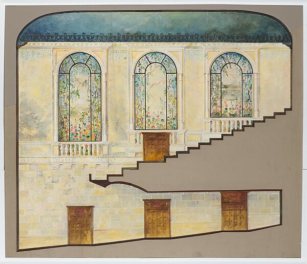 Suggestion for Decoration of Hershey Community Theater, Hershey, PA, Louis C. Tiffany (American, New York 1848–1933 New York), Watercolor, gouache, pen and black ink, aluminum paint, and graphite on artist board with original shaped window mat, American 