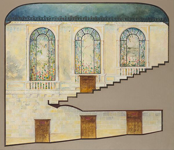 Suggestion for Decoration of Hershey Community Theater, Hershey, PA, Louis C. Tiffany (American, New York 1848–1933 New York), Watercolor, gouache, pen and black ink, aluminum paint, and graphite on artist board with original shaped window mat, American