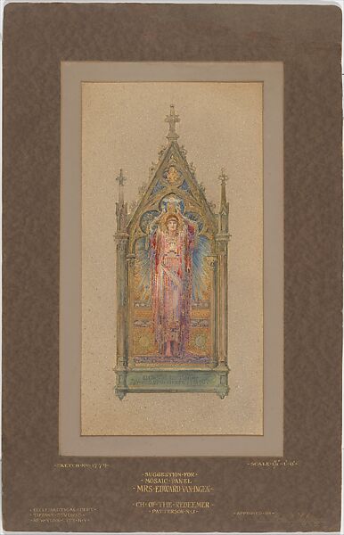 Suggestion for mosaic panel, Mrs. Edward Van Ingen, Church of the Redeemer, Patterson, New Jersey, Louis C. Tiffany (American, New York 1848–1933 New York), Watercolor, gouache, gold metallic ink, and graphite on artist board in original mat, American 
