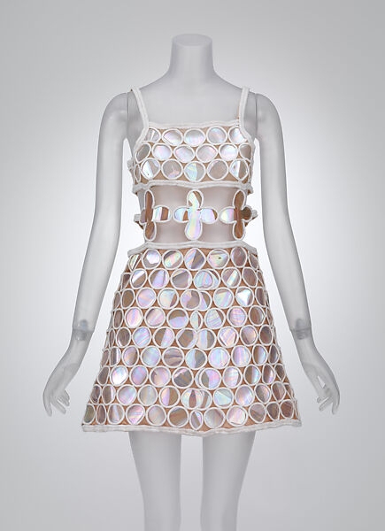 Dress, André Courrèges (French, Pau 1923–2016 Neuilly-sur-Seine), plastic (cellulose acetate/styrene-butadiene copolymer), rayon, silk, cotton, metal, French 
