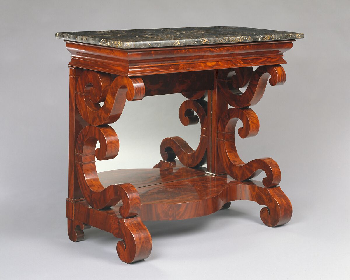 Pier Table, Joseph Meeks &amp; Sons (American, New York, 1829–35), Mahogany veneer, mahogany; pine, ash (secondary woods); marble, glass, American 