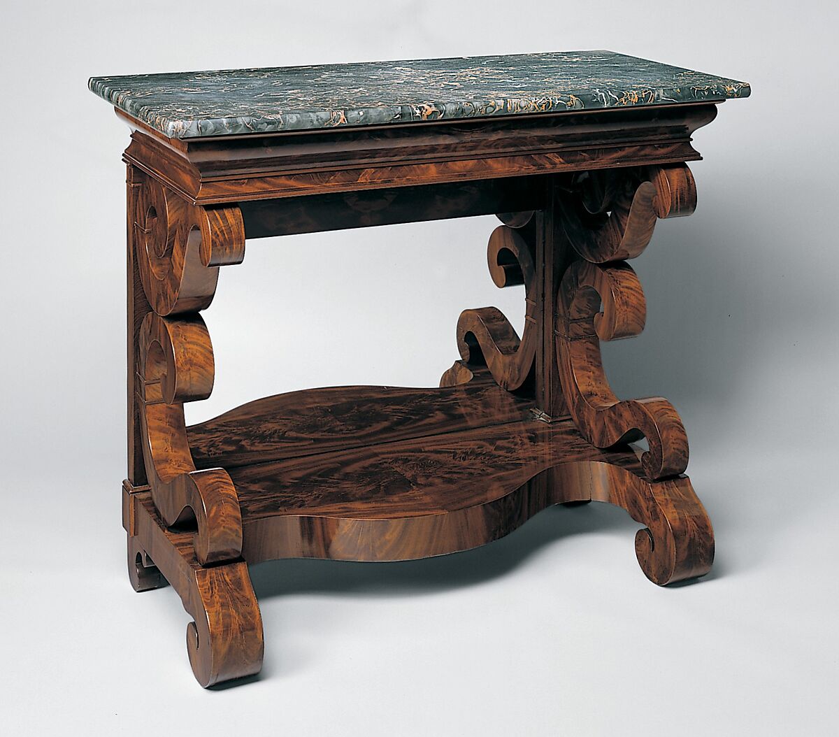 Pier Table, Joseph Meeks &amp; Sons (American, New York, 1829–35), Mahogany veneer, mahogany; pine, ash (secondary woods); marble, glass, American