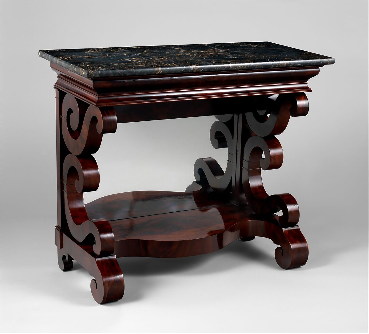 Pier Table, Joseph Meeks &amp; Sons (American, New York, 1829–35), Mahogany veneer, mahogany; pine, ash (secondary woods); marble, glass, American