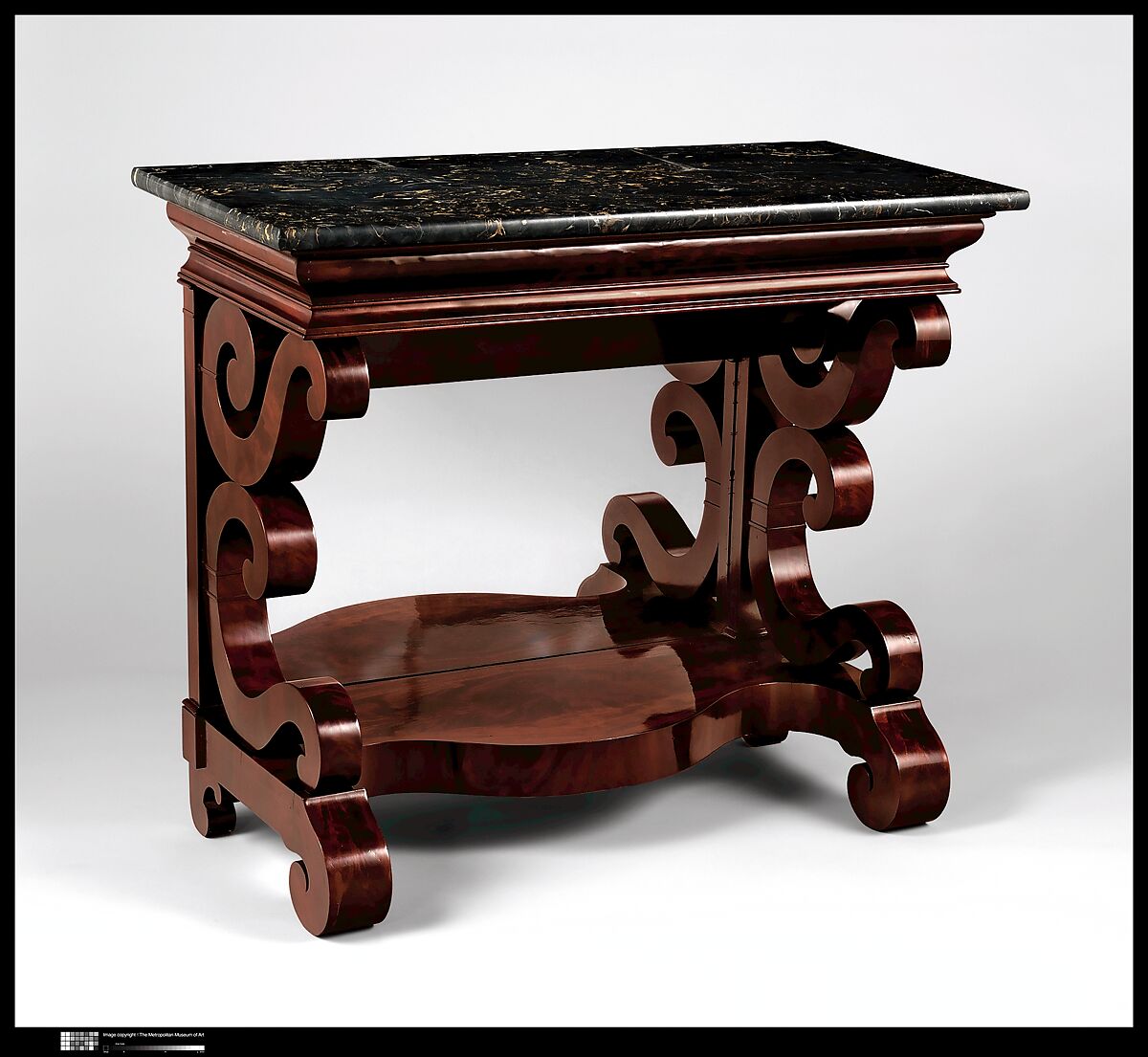 Pier Table, Joseph Meeks &amp; Sons (American, New York, 1829–35), Mahogany veneer, mahogany; pine, ash (secondary woods); marble, glass, American