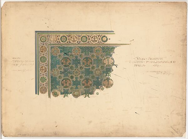 Design for a corner of a rug for the Curtis Publishing Co., Louis C. Tiffany (American, New York 1848–1933 New York), Watercolor, pen and ink, and graphite on artist board, American 