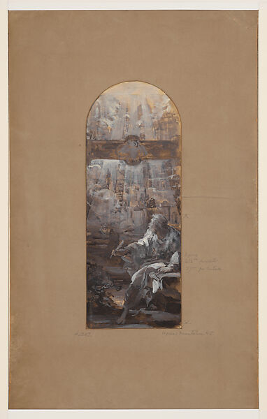 St. John's Vision at Patmos, for Union Congregational Church, Upper Montclair, New Jersey, Louis C. Tiffany (American, New York 1848–1933 New York), Transparent an opaque watercolor and graphite on paper mounted on board with graphite on mat, American