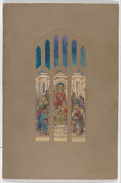 Design for window, Louis C. Tiffany (American, New York 1848–1933 New York), Black ink, graphite, watercolor, and gouache on paper in original window mat with tracery, American 