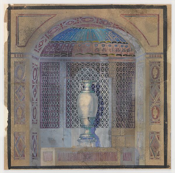 Design for a niche with urn, Louis C. Tiffany (American, New York 1848–1933 New York), Graphite, gouache, watercolor, and black pen on splatter painted buff paper, American 