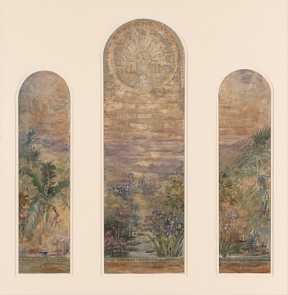 Design for three light landscape window, Louis C. Tiffany (American, New York 1848–1933 New York), Watercolor, gouache, and graphite on off-white wove paper mounted on mat board, American 