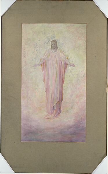 Design for a mosaic panel, Ascension, Second Presbyterian Church, Amsterdam, New York, Louis C. Tiffany (American, New York 1848–1933 New York), Gouache and graphite on artist board in original window matt with gold metallic finish., American 