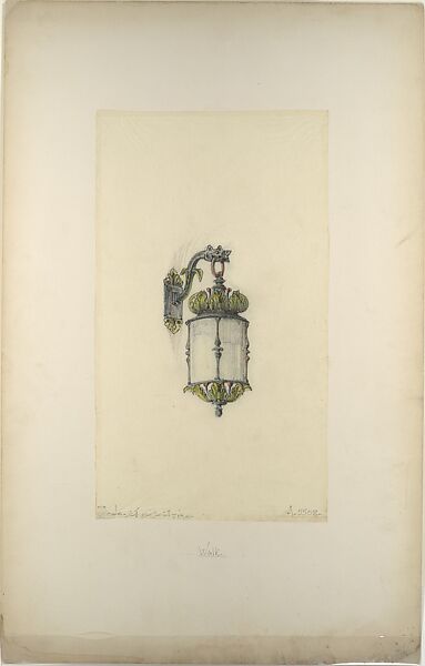 Design for hanging wall-mounted lantern, Louis C. Tiffany (American, New York 1848–1933 New York), Graphite, colored pencil, and gouache drawing on tracing paper on board, American 