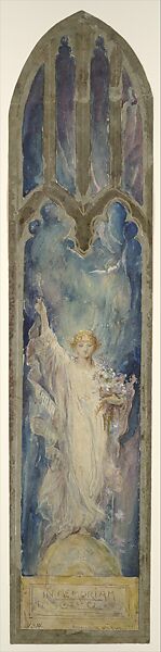 Design for window of Archangel Gabriel, Louis C. Tiffany (American, New York 1848–1933 New York), Transparent and opaque watercolor, graphite, and ruled white ink on off-white wove paper, shaped and mounted on warm grey wove paper, secondary support in original warm grey window mat with shaped tracery., American