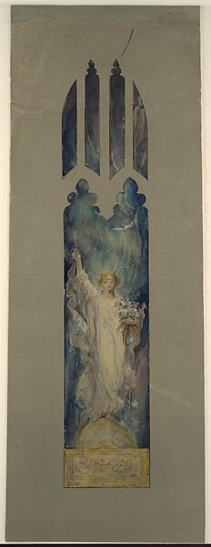 Design for window of Angel Gabriel, "Annunciation Angel [?]", Frederick Wilson (American (born Ireland), Dublin 1858–1932 Los Angeles, California), Watercolor, gouache, graphite, and ruled white ink on off-white wove paper - shaped and mounted on warm grey wove paper secondary support in original warm grey window matt with shaped tracery., American 