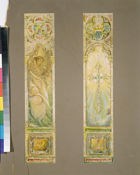 Design for Angels of Praise window, Louis C. Tiffany (American, New York 1848–1933 New York), Watercolor, gouache, colored pencil, silver gelatin photograph on paper, and graphite, adhered to off-white wove paper cut into three rectangular windows and two medallions mounted on warm grey secondary support., American