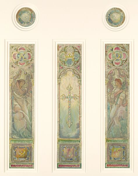 Design for triple light window, Frederick Wilson  American (born Ireland), Watercolor, gouache, colored pencil, silver gelatin photograph on paper, and graphite, adhered to off-white wove paper cut into three rectangular windows and two medallions mounted on warm grey secondary support., American