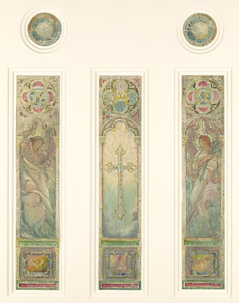 Design for triple light window, Probably Frederick Wilson (American (born Ireland), Dublin 1858–1932 Los Angeles, California), Watercolor, gouache, colored pencil, silver gelatin photograph on paper, and graphite, adhered to off-white wove paper cut into three rectangular windows and two medallions mounted on warm grey secondary support., American 