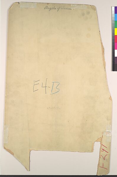 Design for Angels of Praise window, Louis C. Tiffany (American, New York 1848–1933 New York), Watercolor, gouache, colored pencil, silver gelatin photograph on paper, and graphite, adhered to off-white wove paper cut into three rectangular windows and two medallions mounted on warm grey secondary support., American