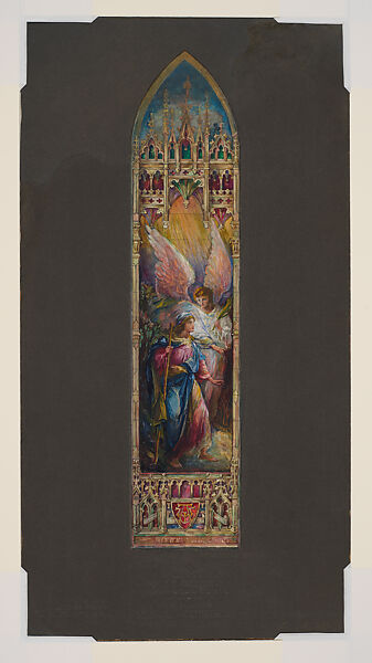 "Suggestion for Window, Mr. J.S. Meredith, London, Ontario, Canada, To Be Placed In, St. Paul's Cathedral, London, Ontario", Louis C. Tiffany (American, New York 1848–1933 New York), Transparent and opaque watercolor, ink, and graphite on paper mounted on paperboard with window mat, American