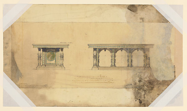 Suggestion for small marble table, Curtis Publishing Co., Philadelphia, Pennsylvania, Louis C. Tiffany (American, New York 1848–1933 New York), Transparent and opaque watercolor, blue wash, and graphite on tissue paper mounted on board, American