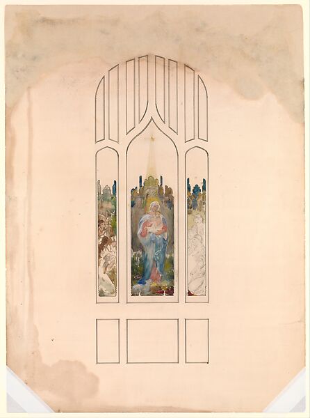 Design for a window, Madonna and child, Louis C. Tiffany (American, New York 1848–1933 New York), Watercolor, pen and black India ink, and graphite on artist board, American