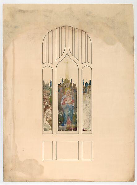 Design for a window, Madonna and child, Louis C. Tiffany (American, New York 1848–1933 New York), Watercolor, pen and black India ink, and graphite on artist board, American 