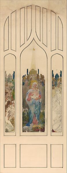 Design for a window, Madonna and child, Louis C. Tiffany (American, New York 1848–1933 New York), Watercolor, pen and black India ink, and graphite on artist board, American