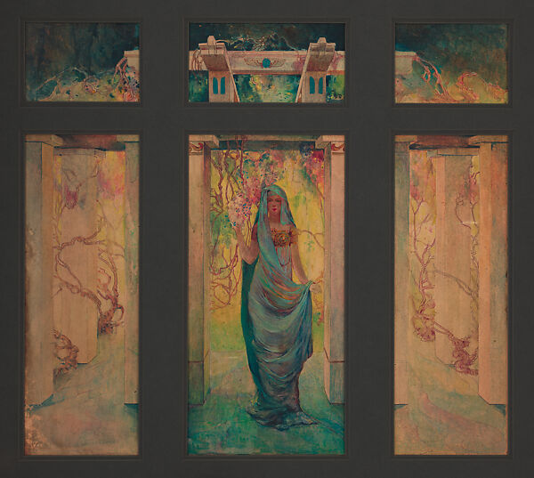 Design for “Woman in a Pergola with Wisteria” window, Louis C. Tiffany (American, New York 1848–1933 New York), Watercolor, pen and brown ink, and graphite on translucent paper adhered to artist board in original metallic gold window mat, American 