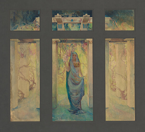 Design for “Woman in a Pergola with Wisteria” window for Pembroke, the residence of Capt. Joseph Raphael De Lamar, Glen Cove, New York, Louis C. Tiffany (American, New York 1848–1933 New York), Watercolor, pen and brown ink, and graphite on translucent paper mounted on artist board in original metallic gold window mat, American