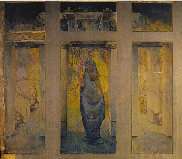 Design for “Woman in a Pergola with Wisteria” window for Pembroke, the residence of Capt. Joseph Raphael De Lamar, Glen Cove, New York, Louis C. Tiffany (American, New York 1848–1933 New York), Watercolor, pen and brown ink, and graphite on translucent paper mounted on artist board in original metallic gold window mat, American