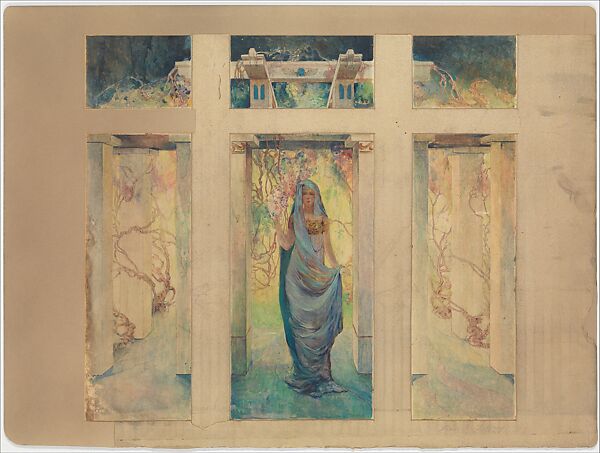 Design for “Woman in a Pergola with Wisteria” window, Louis C. Tiffany (American, New York 1848–1933 New York), Watercolor, pen and brown ink, and graphite on translucent paper adhered to artist board in original metallic gold window mat, American 
