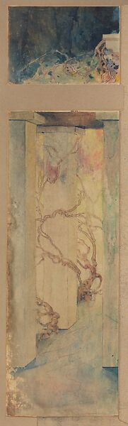 Design for “Woman in a Pergola with Wisteria” window for Pembroke, the residence of Capt. Joseph Raphael De Lamar, Glen Cove, New York, Louis C. Tiffany (American, New York 1848–1933 New York), Watercolor, pen and brown ink, and graphite on translucent paper mounted on artist board in original metallic gold window mat, American