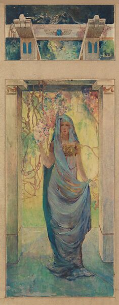 Design for “Woman in a Pergola with Wisteria” window for Pembroke, the residence of Capt. Joseph Raphael De Lamar, Glen Cove, New York, Louis C. Tiffany (American, New York 1848–1933 New York), Watercolor, pen and brown ink, and graphite on translucent paper mounted on artist board in original metallic gold window mat, American
