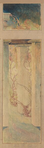 Design for “Woman in a Pergola with Wisteria” window for Pembroke, the residence of Capt. Joseph Raphael De Lamar, Glen Cove, New York, Louis C. Tiffany (American, New York 1848–1933 New York), Watercolor, pen and brown ink, and graphite on translucent paper mounted on artist board in original metallic gold window mat, American