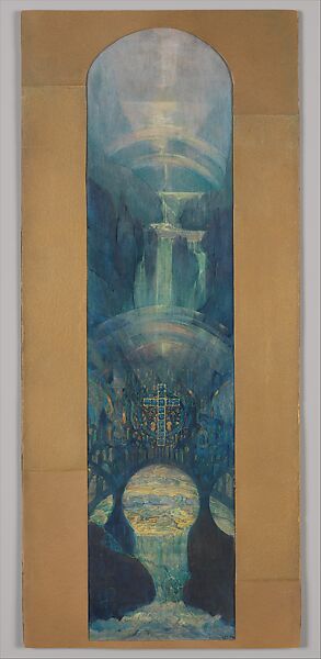 Design for a single light window, Louis C. Tiffany (American, New York 1848–1933 New York), Watercolor, gouache, and ink on paper in gold shaped mat, American 